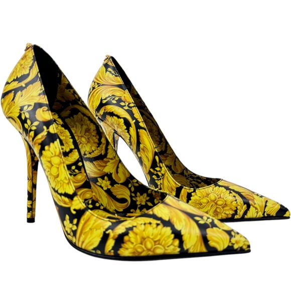 Versace Borocco Medusa Leather Heels Pointed Toe Printed Black And Gold 39.5 - Picture 1 of 12